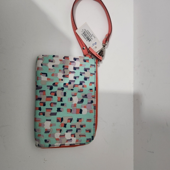 New Fossil Key-Per Wristlet Wrist Wallet  Canvas  Zip Around NWT Teal Coral - Picture 4 of 10